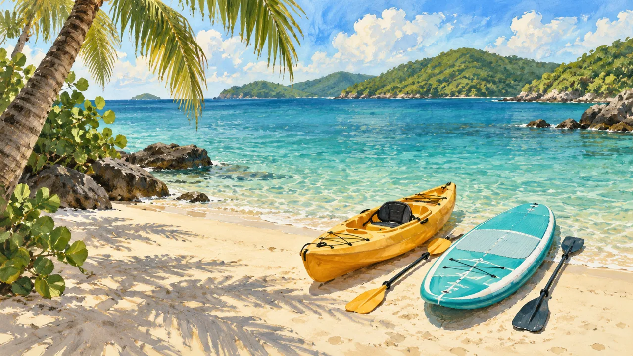 Illustration of a kayak and paddleboard on a Caribbean beach