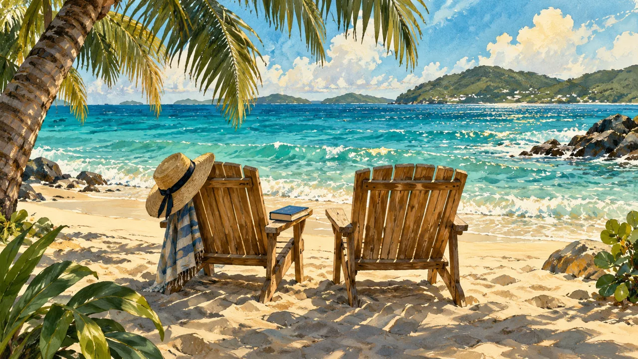 Illustration of two beach chairs by turquoise water