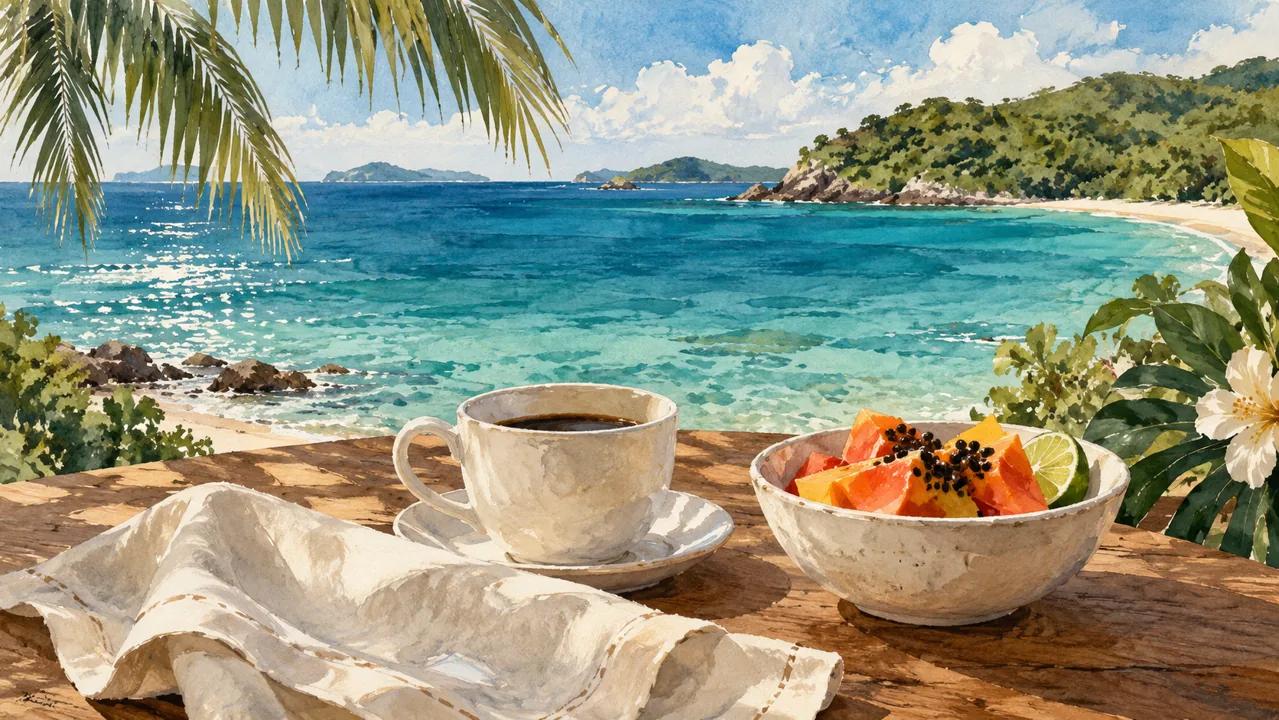 Illustration of coffee and fruit beside the Caribbean Sea