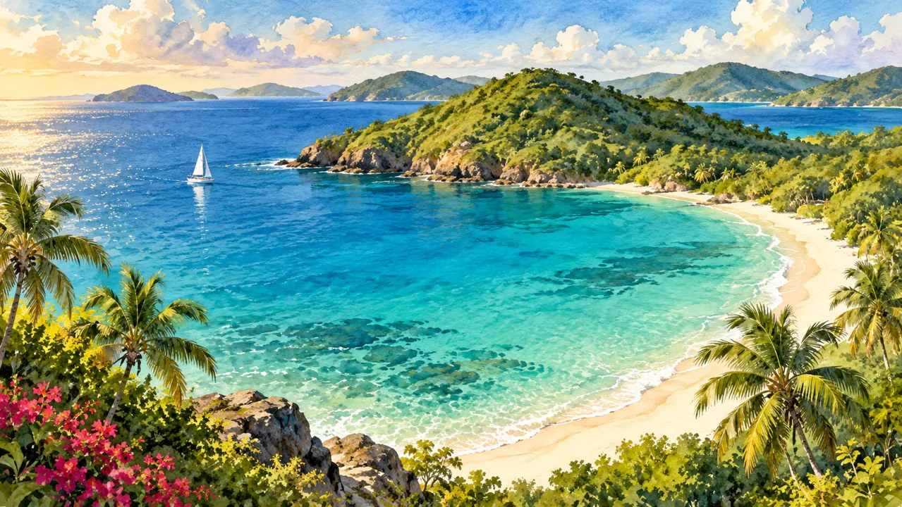 Illustrated Caribbean bay with green headlands and a sailboat